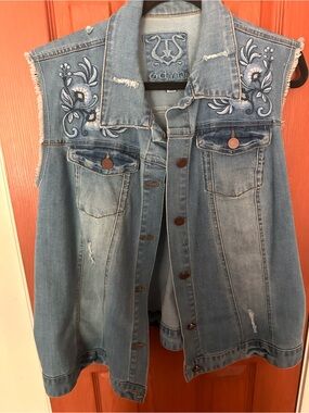 DNY Light Blue Embroidered Sleeveless Denim Vest